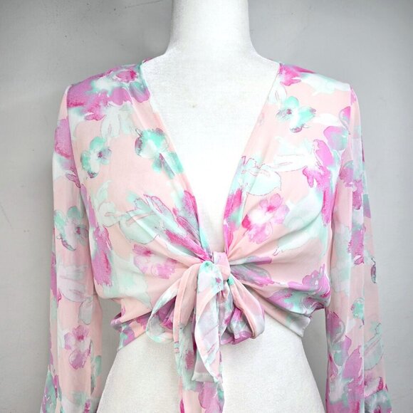 ModCloth Peach Love Pink Fairy Whimsical Sheer Bell Sleeve Tie Front Crop Top - Picture 2 of 8